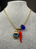 Evil Eye, Red Horn & Blue Glass Bead Necklace