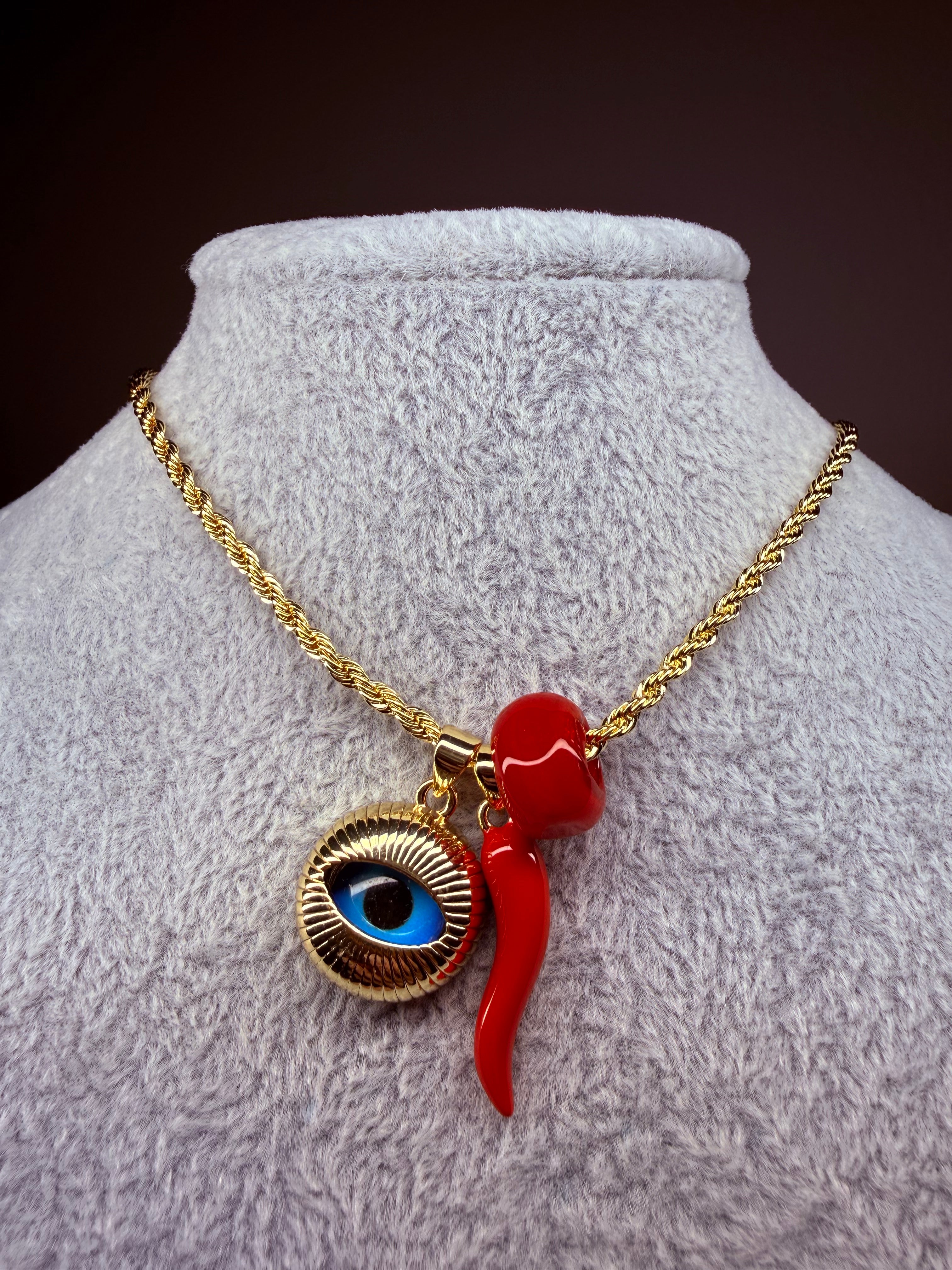 Evil Eye & Red Horn Charm Necklace