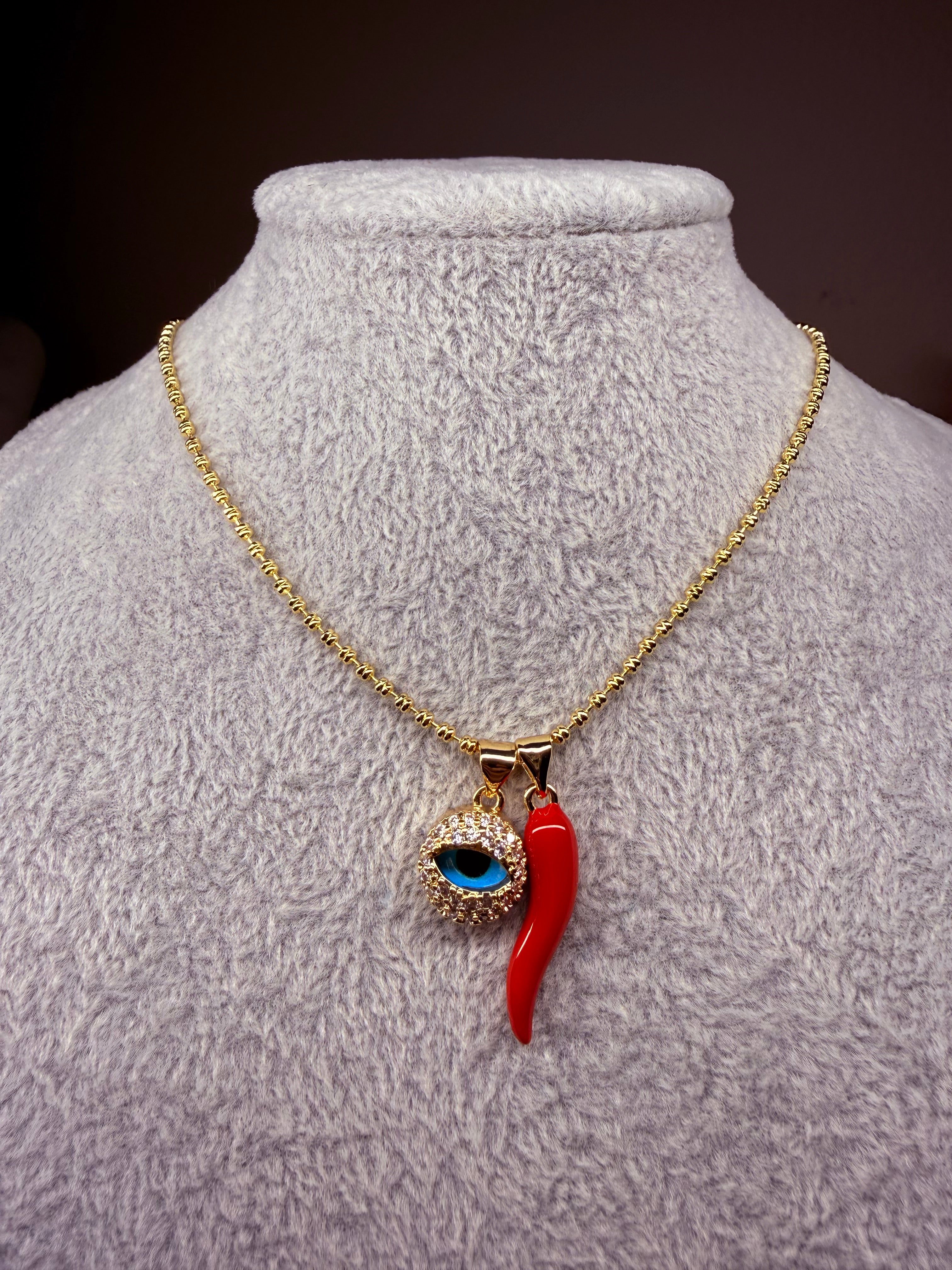 Evil Eye & Red Horn Charm Necklace